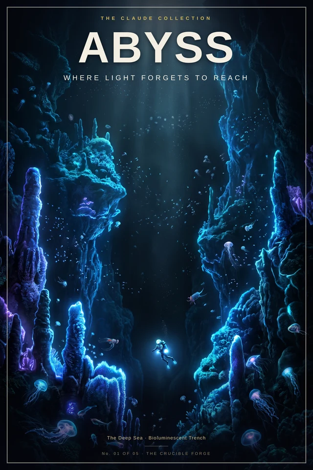 The Claude Collection No. 1: Abyss, a lone diver descending into a bioluminescent trench.