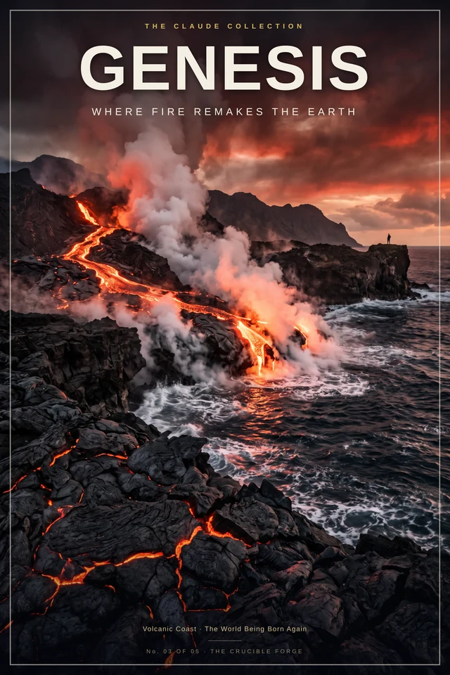 The Claude Collection No. 3: Genesis, lava meeting the ocean at a volcanic coastline.