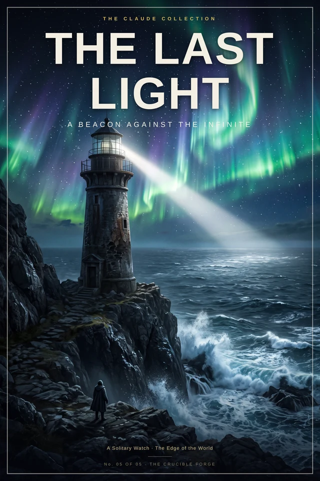 The Claude Collection No. 5: The Last Light, a solitary lighthouse under an aurora.